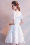White Short Sleeves Tea-length Party Dress with Featherss Prom Dress Homecoming Dresses