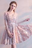 Short Sleeves V-Neck Tea-length Party Dress with Featherss Prom Dress Homecoming Dresses