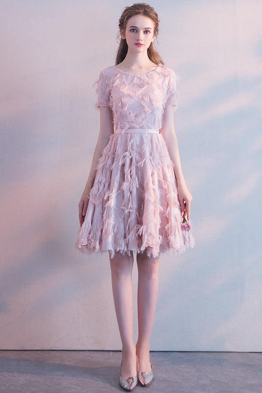 Pink Short Sleeves Tea-length Party Dress with Featherss Prom Dress Homecoming Dresses
