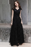 Black Short Sleeves Long Party Dress with Featherss Prom Dress Homecoming Dresses