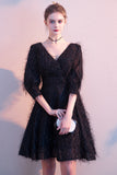 Black Banquet V Neck Half Sleeves Lace Prom Dress Short Homecoming Dresses