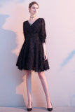 Black Banquet V Neck Half Sleeves Lace Prom Dress Short Homecoming Dresses