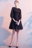 Black Bowknot Round Neck Feather 3/4 Sleeves Lace Prom Dress Short Homecoming Dresses