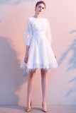 White Bowknot Round Neck Feather 3/4 Sleeves Lace Prom Dress Short Homecoming Dresses