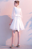 White Bowknot Round Neck Feather 3/4 Sleeves Lace Prom Dress Short Homecoming Dresses