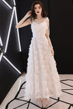 White Long A-Line Spaghetti Straps V-Neck Homecoming Dresses With Tassels