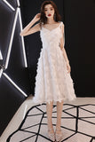 White Tea-Length A-Line Spaghetti Straps Scoop Neck Homecoming Dresses With Tassels