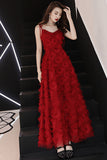 Red Long A-Line Spaghetti Straps Scoop Neck Homecoming Dresses With Tassels