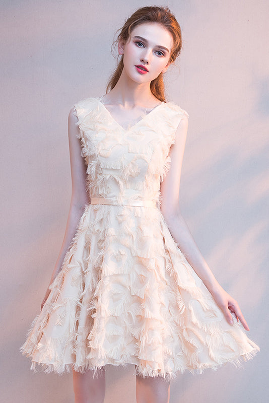 Lace Sleeveless V Neck Prom Dress Feather Short Homecoming Dress