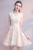 Lace Sleeveless V Neck Prom Dress Feather Short Homecoming Dress