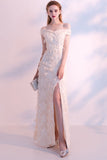Champagne Off-The-Shoulder Feather Slit Long Homecoming Dress