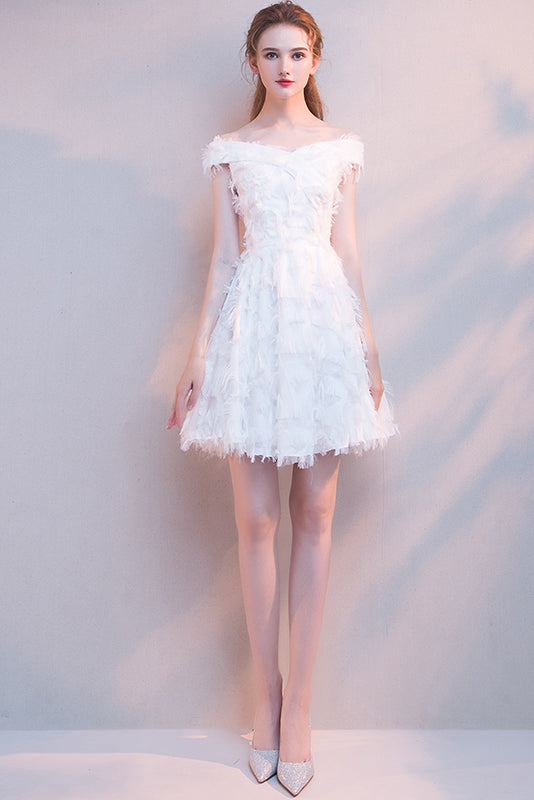 White Off-The-Shoulder Feather Party Dress Short Mini Homecoming Dress