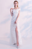 White Off-The-Shoulder Feather Slit Long Homecoming Dress