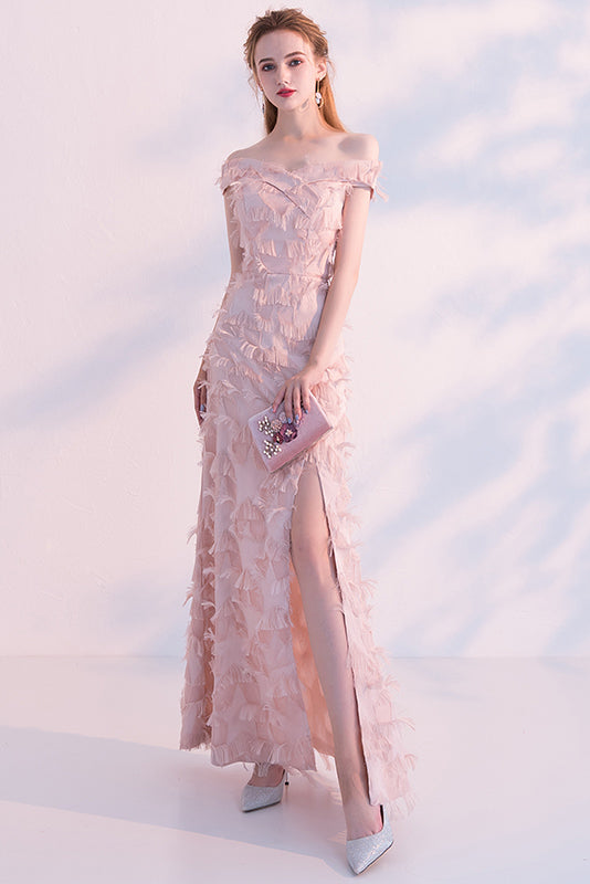 Pink Off-The-Shoulder Feather Slit Long Homecoming Dress