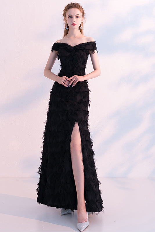 Black Off-The-Shoulder Feather Slit Long Homecoming Dress