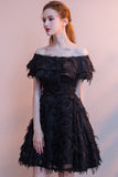 Black Off-The-Shoulder Feather Party Dress Short Mini Homecoming Dress