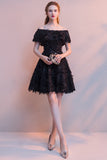 Black Off-The-Shoulder Feather Party Dress Short Mini Homecoming Dress