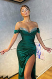 Party Dress Stain Dark Green Off-the-Shoulder Mermaid Long Prom Dress Split