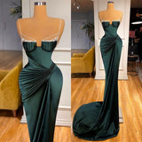 Spaghetti-Straps Party Dress Gorgeous Dark Green Mermaid Prom Dress with Rhinestone