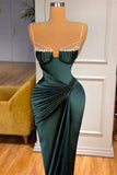 Spaghetti-Straps Party Dress Gorgeous Dark Green Mermaid Prom Dress with Rhinestone