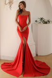 Red Mermaid Strapless Split Thigh Long Prom Dress Women Dresses