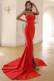 Red Mermaid Strapless Split Thigh Long Prom Dress Women Dresses