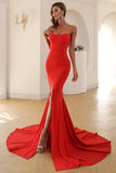 Red Mermaid Strapless Split Thigh Long Prom Dress Women Dresses