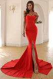 Red Mermaid Strapless Split Thigh Long Prom Dress Women Dresses