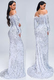 Glitter Long Sleeves Burgundy Sequin Prom Dresses