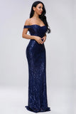 Unique Off The Shoulder Long Sequin Lace Prom Dresses