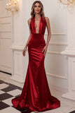 Simple Deep V-neck Party Dress Backless Burgundy Long Prom Dresses