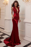 Simple Deep V-neck Party Dress Backless Burgundy Long Prom Dresses