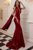 Simple Deep V-neck Party Dress Backless Burgundy Long Prom Dresses