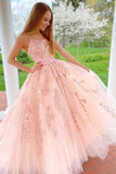 Pink A Line Tulle Lace Appliques Long Prom Dresses With Straps