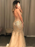 Graduation School Party Gown Champagne Sequins Mermaid Long Prom Dresses