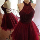 Burgundy Open Back  Tulle Halter Beaded Short Homecoming Dresses Party Dress Prom Dress - Laurafashionshop