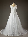 See Through Cap Sleeves White Lace Wedding Gown Dresses