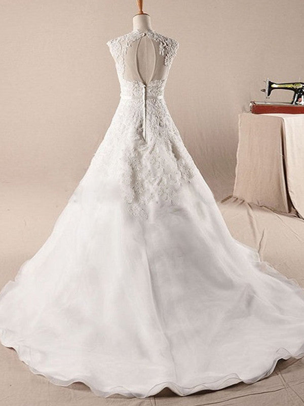 Sleeveless A-line Scoop Neck Court Train Beading Zipper Organza Wedding Dress