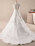 Sleeveless A-line Scoop Neck Court Train Beading Zipper Organza Wedding Dress