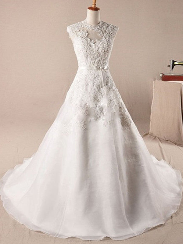 Sleeveless A-line Scoop Neck Court Train Beading Zipper Organza Wedding Dress