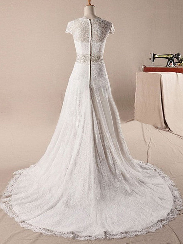 A Line Lace Detachable Chiffon Tail Wedding Dress