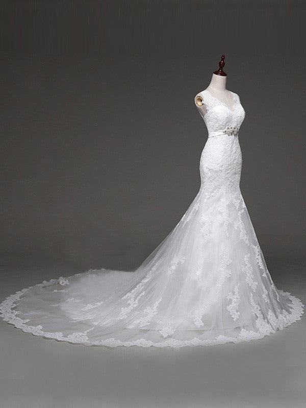 Backless Elegant Mermaid Beaded Sash Wedding Dress for Brides
