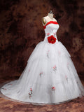 White Tiered Red Eembroidery Ball Gown Bridal Wedding Dress