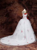 White Tiered Red Eembroidery Ball Gown Bridal Wedding Dress