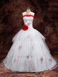 White Tiered Red Eembroidery Ball Gown Bridal Wedding Dress