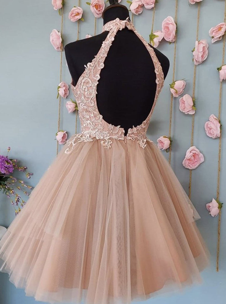 Cute A-line Sleeveless Champagne Lace Tulle Homecoming Dresses