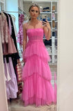 A Line Layered Ruffles Evening Gown Fashion Hot Pink Tulle Long Prom Dress