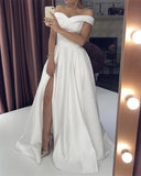 Elegant Off the Shoulder Ivory Satin Front-Slit Wedding Prom Dresses Formal Evening Dress