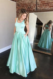 A-Line Cut Back Satin Beaded Mint Green Simple Pockets Long Prom Dresses