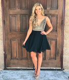 Fashion Gold Crystals Black Satin V Neck Short Prom Dress Homecoming Dresses For Party